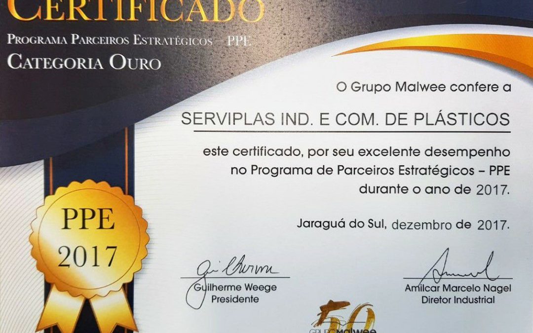 Serviplas recebe certificação Ouro como parceira do Grupo Malwee